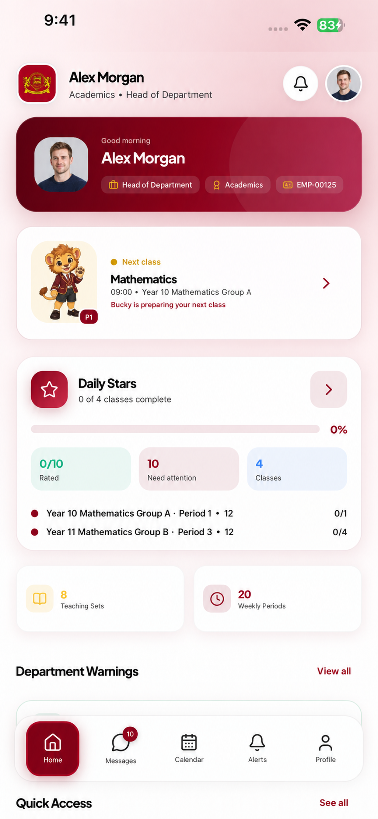 Teacher and HOD mobile dashboard with daily teaching overview