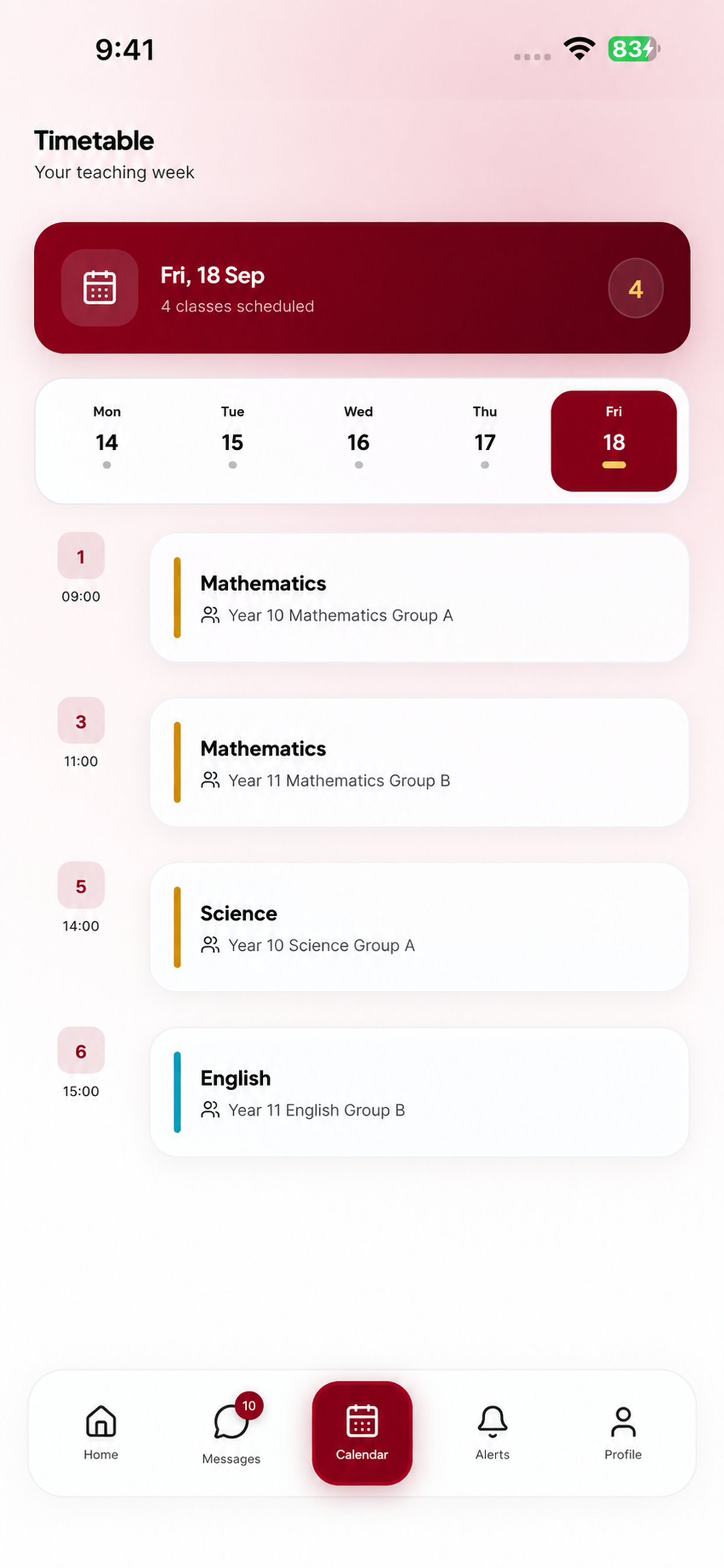 Mobile timetable showing scheduled classes